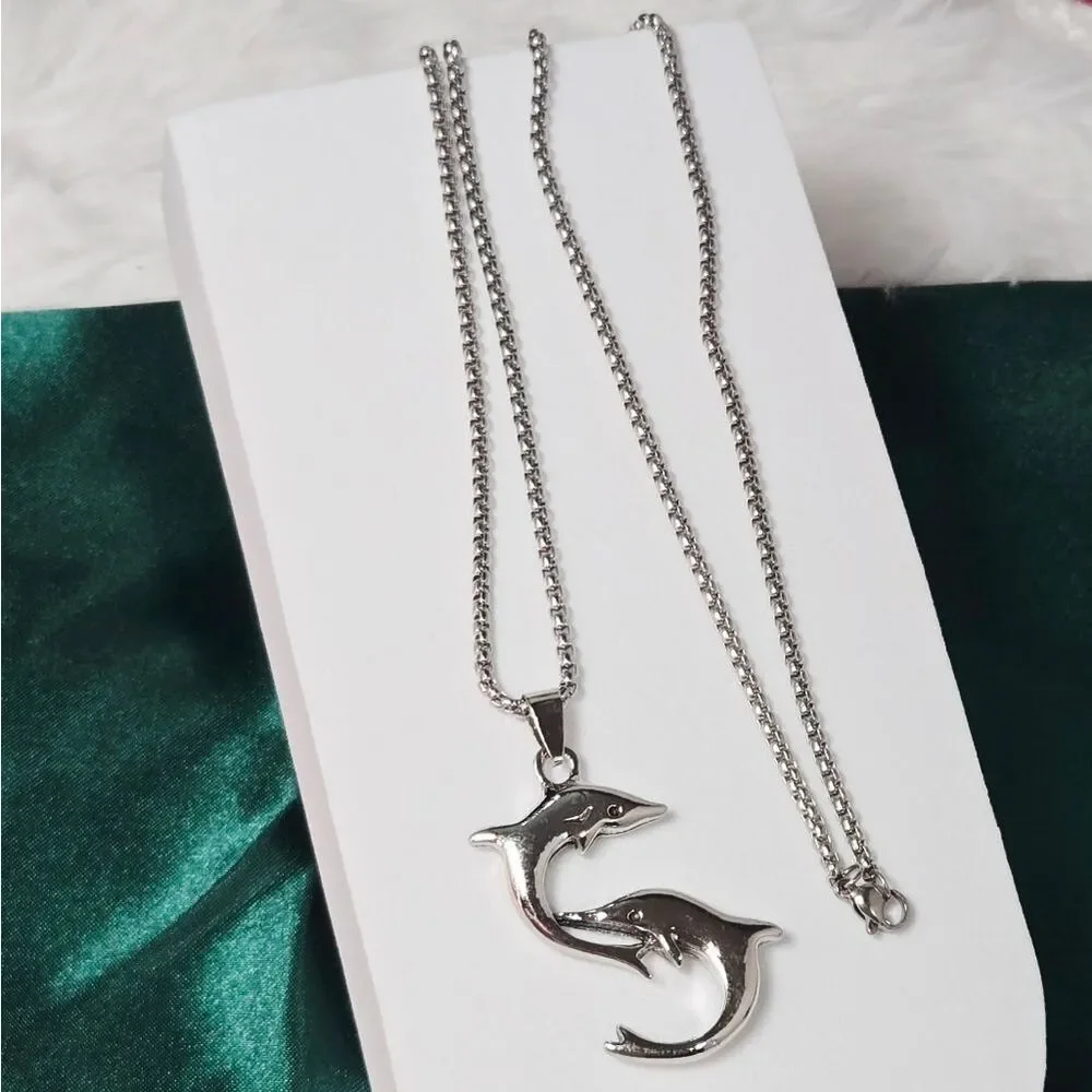 Silver Double Dolphin Pendant Necklace 24” Stainless Steel Coastal Cruise Vacay